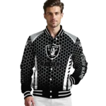 personalized las vegas raiders hexagon grid black varsity jacket best selling
