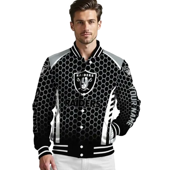 personalized las vegas raiders hexagon grid black varsity jacket high quality