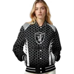 personalized las vegas raiders hexagon grid black varsity jacket best selling
