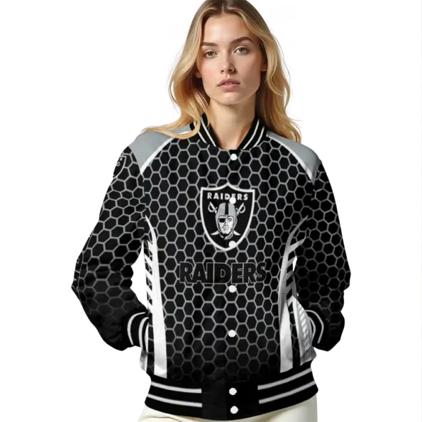 personalized las vegas raiders hexagon grid black varsity jacket latest model