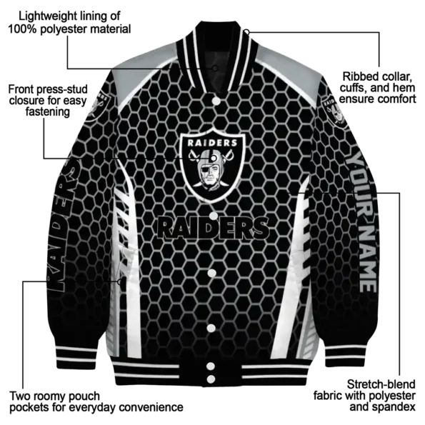 personalized las vegas raiders hexagon grid black varsity jacket new arrival
