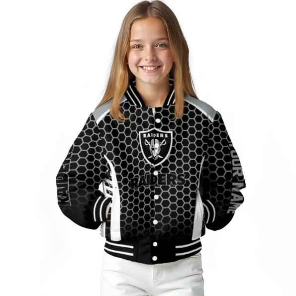 personalized las vegas raiders hexagon grid black varsity jacket top rated