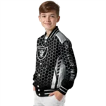 personalized las vegas raiders hexagon grid black varsity jacket best selling