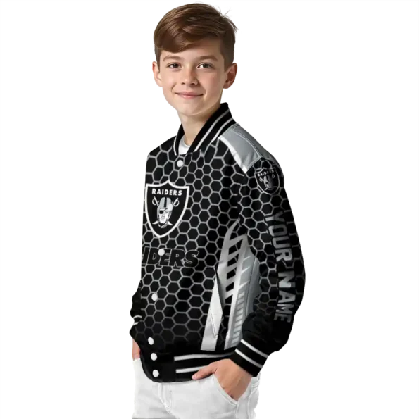 personalized las vegas raiders hexagon grid black varsity jacket trendy