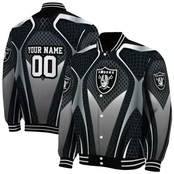 personalized las vegas raiders mesh chest grey crocs black varsity jacket fashion forward