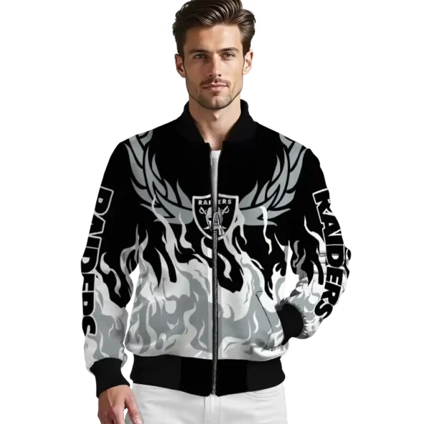 personalized las vegas raiders winged blaze black white bomber jacket high quality