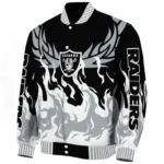 personalized las vegas raiders winged blaze black white varsity jacket best selling