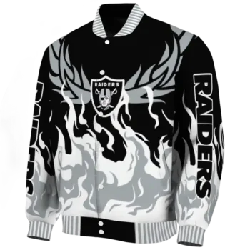 personalized las vegas raiders winged blaze black white varsity jacket best selling