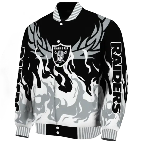 personalized las vegas raiders winged blaze black white varsity jacket best selling