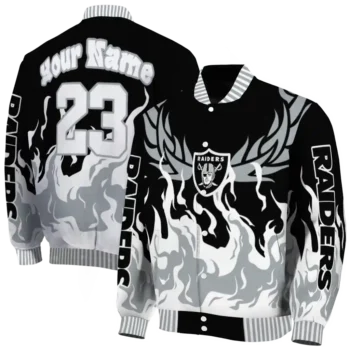 personalized las vegas raiders winged blaze black white varsity jacket fashion forward