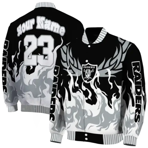 personalized las vegas raiders winged blaze black white varsity jacket fashion forward
