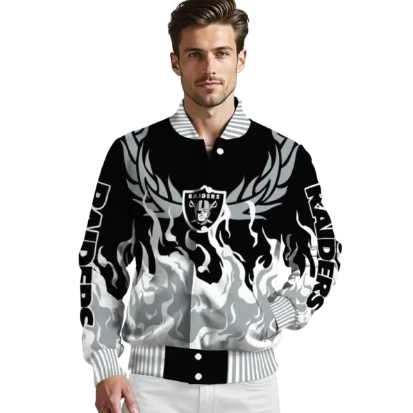 personalized las vegas raiders winged blaze black white varsity jacket high quality