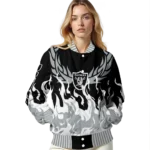 personalized las vegas raiders winged blaze black white varsity jacket best selling