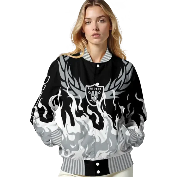 personalized las vegas raiders winged blaze black white varsity jacket latest model