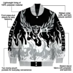 personalized las vegas raiders winged blaze black white varsity jacket best selling