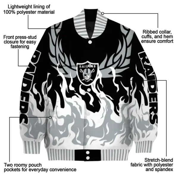 personalized las vegas raiders winged blaze black white varsity jacket new arrival