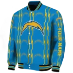 personalized los angeles chargers bolt stripe blue varsity jacket best selling