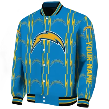 personalized los angeles chargers bolt stripe blue varsity jacket best selling