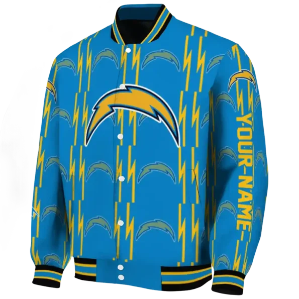personalized los angeles chargers bolt stripe blue varsity jacket best selling