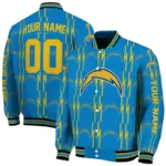 personalized los angeles chargers bolt stripe blue varsity jacket best selling