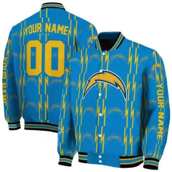 personalized los angeles chargers bolt stripe blue varsity jacket fashion forward
