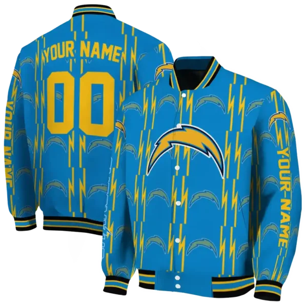 personalized los angeles chargers bolt stripe blue varsity jacket fashion forward