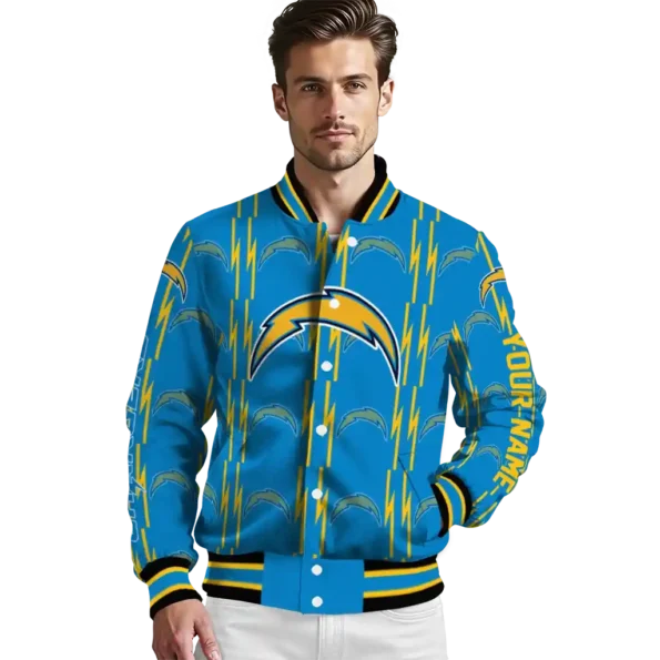 personalized los angeles chargers bolt stripe blue varsity jacket high quality