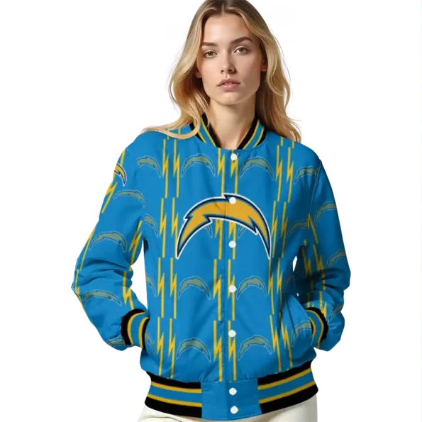 personalized los angeles chargers bolt stripe blue varsity jacket latest model