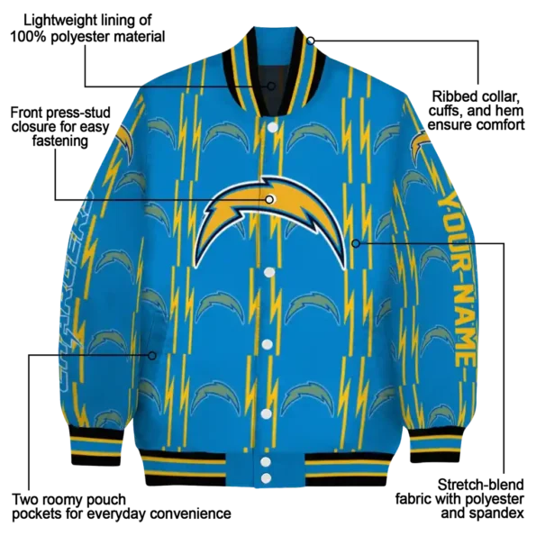 personalized los angeles chargers bolt stripe blue varsity jacket new arrival