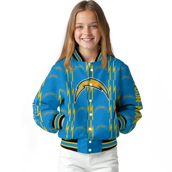personalized los angeles chargers bolt stripe blue varsity jacket top rated