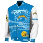personalized los angeles chargers ferris arena blue white varsity jacket best selling
