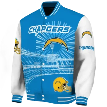 personalized los angeles chargers ferris arena blue white varsity jacket best selling
