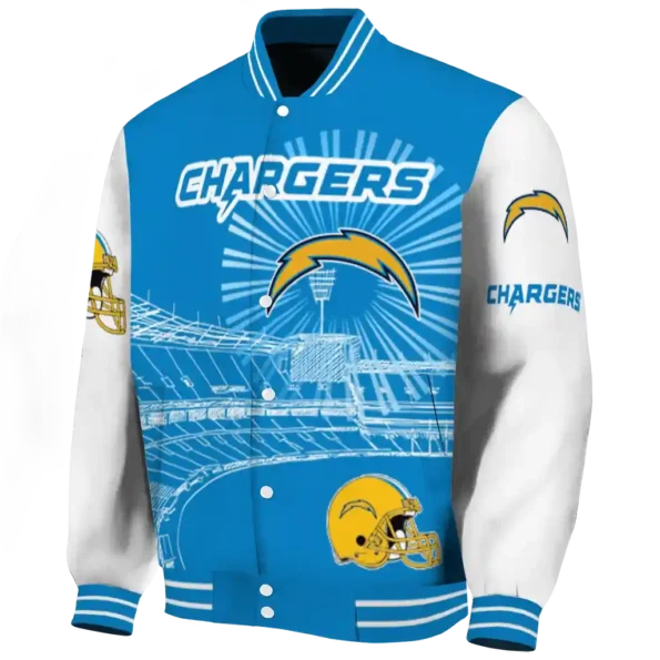 personalized los angeles chargers ferris arena blue white varsity jacket best selling