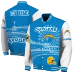 personalized los angeles chargers ferris arena blue white varsity jacket best selling