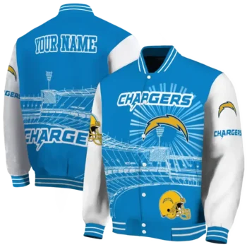 personalized los angeles chargers ferris arena blue white varsity jacket fashion forward