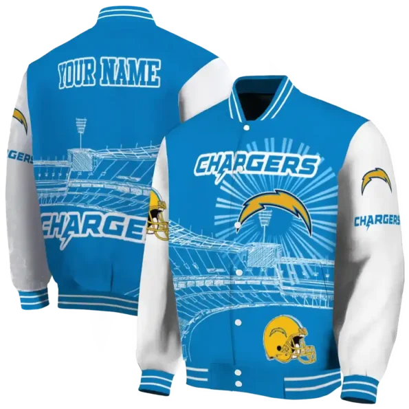 personalized los angeles chargers ferris arena blue white varsity jacket fashion forward