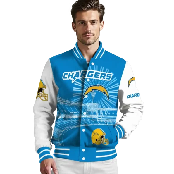 personalized los angeles chargers ferris arena blue white varsity jacket high quality