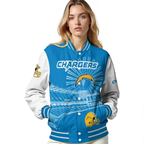 personalized los angeles chargers ferris arena blue white varsity jacket latest model