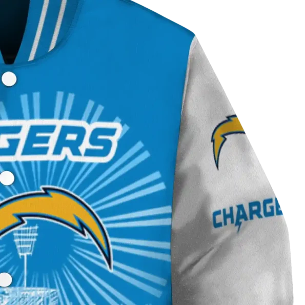 personalized los angeles chargers ferris arena blue white varsity jacket premium grade