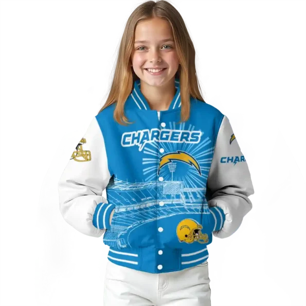 personalized los angeles chargers ferris arena blue white varsity jacket top rated