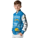 personalized los angeles chargers ferris arena blue white varsity jacket best selling