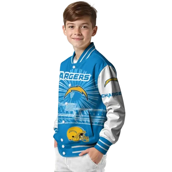personalized los angeles chargers ferris arena blue white varsity jacket trendy