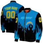 personalized los angeles chargers flame border blue black bomber jacket best selling
