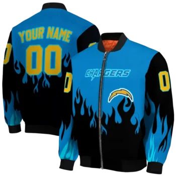 personalized los angeles chargers flame border blue black bomber jacket fashion forward