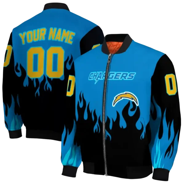personalized los angeles chargers flame border blue black bomber jacket fashion forward