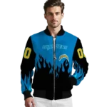 personalized los angeles chargers flame border blue black bomber jacket best selling