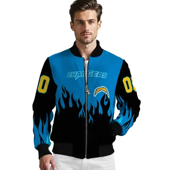 personalized los angeles chargers flame border blue black bomber jacket high quality