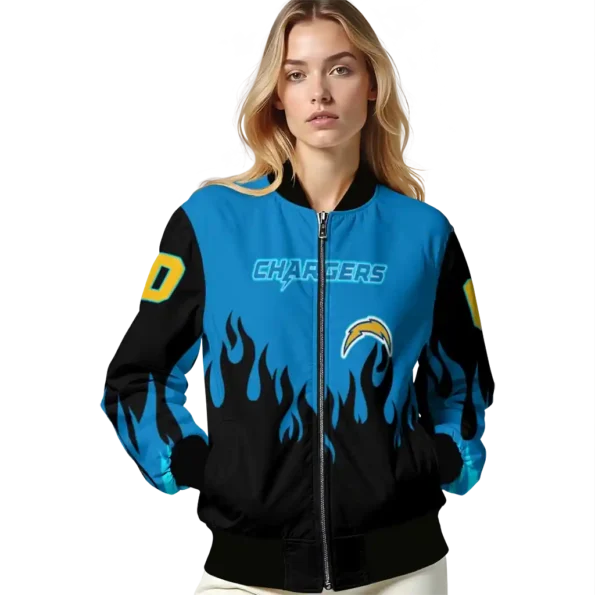 personalized los angeles chargers flame border blue black bomber jacket latest model