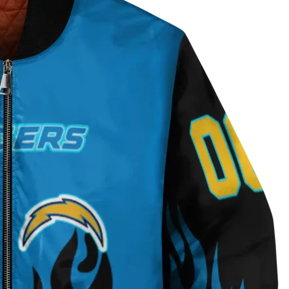 personalized los angeles chargers flame border blue black bomber jacket premium grade