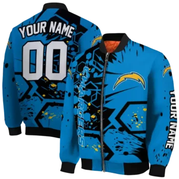 personalized los angeles chargers hexagon cluster blue black bomber jacket fashion forward